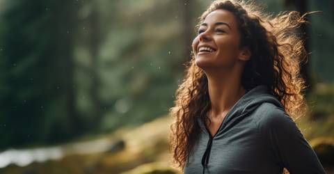 Vrolijk atletische vrouw die buiten in het bos aan het hardlopen is